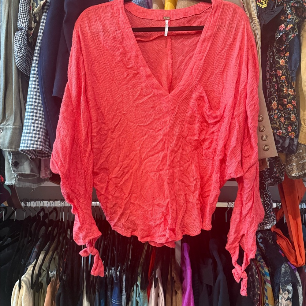 Free People Vibrant Red V-Neck Blouse